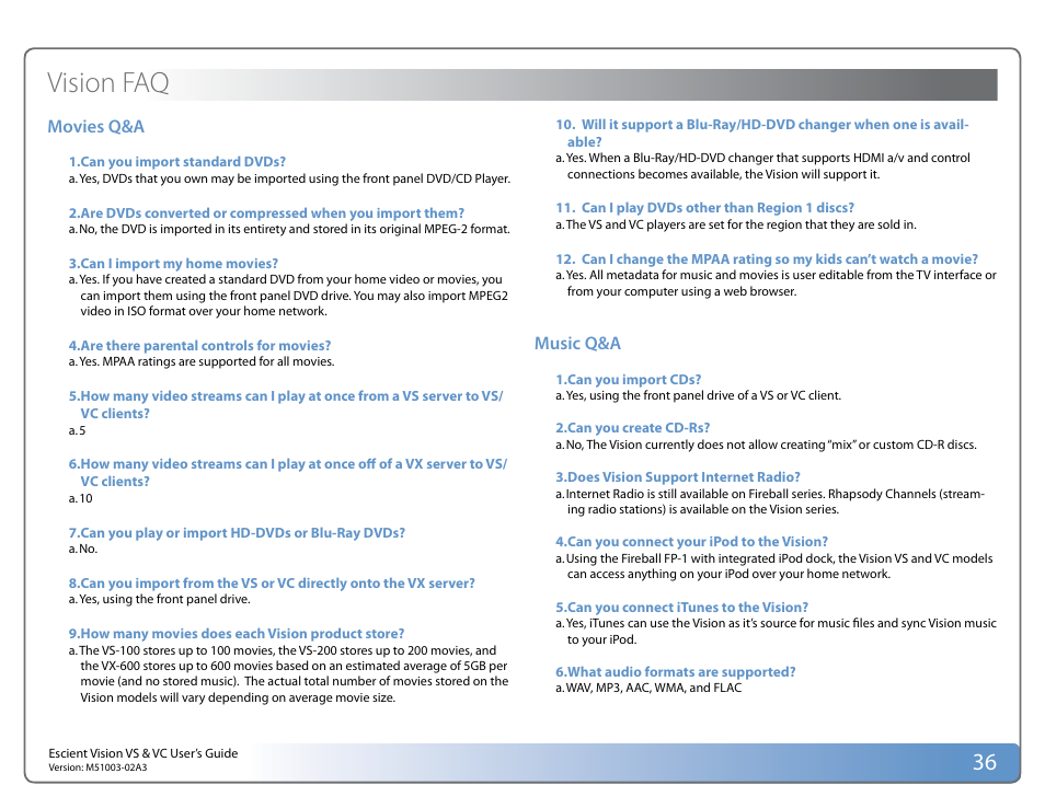 Vision faq | Escient VISION M51003-02A3 User Manual | Page 36 / 41