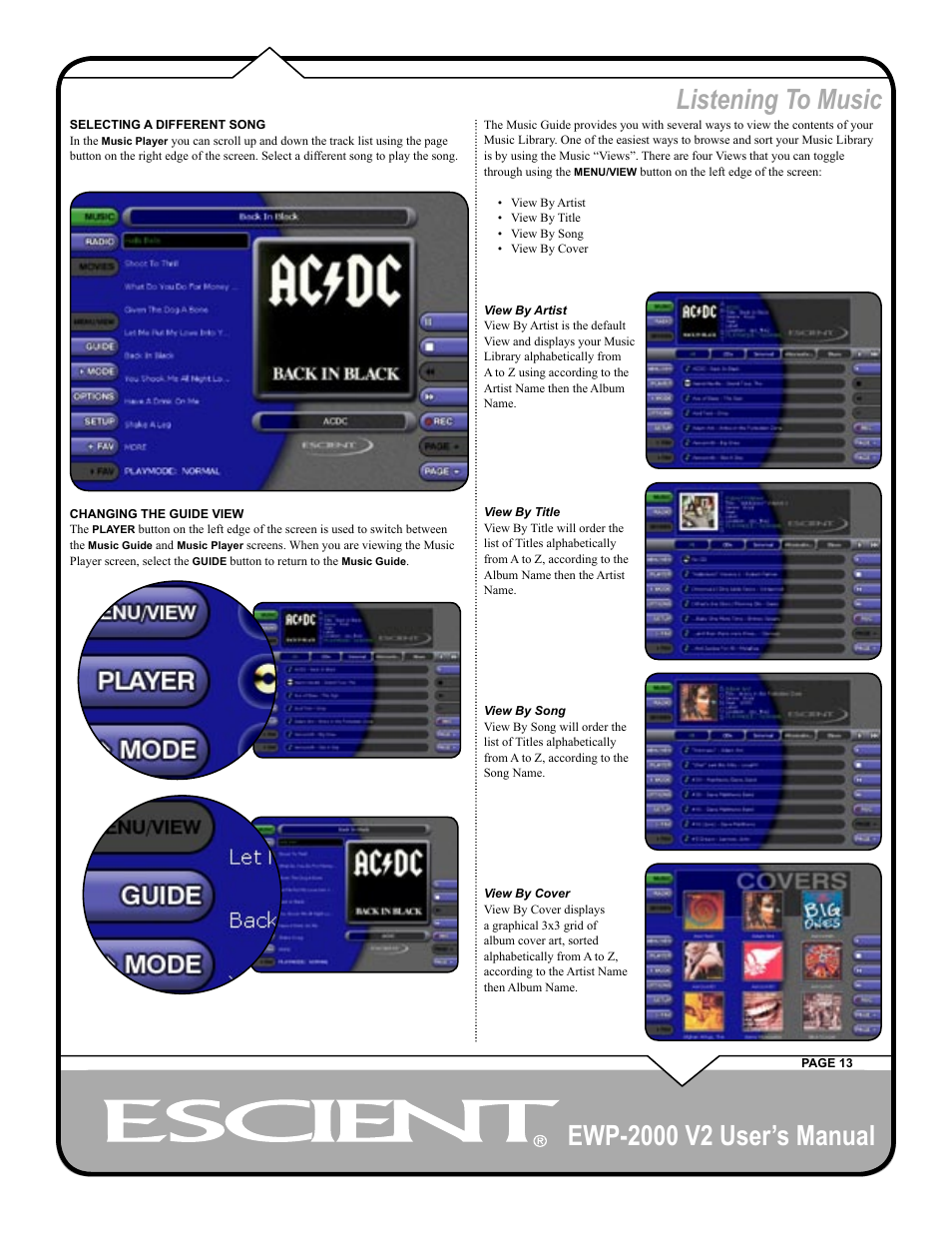 Listening to music | Escient EWP-2000 V2 User Manual | Page 13 / 44