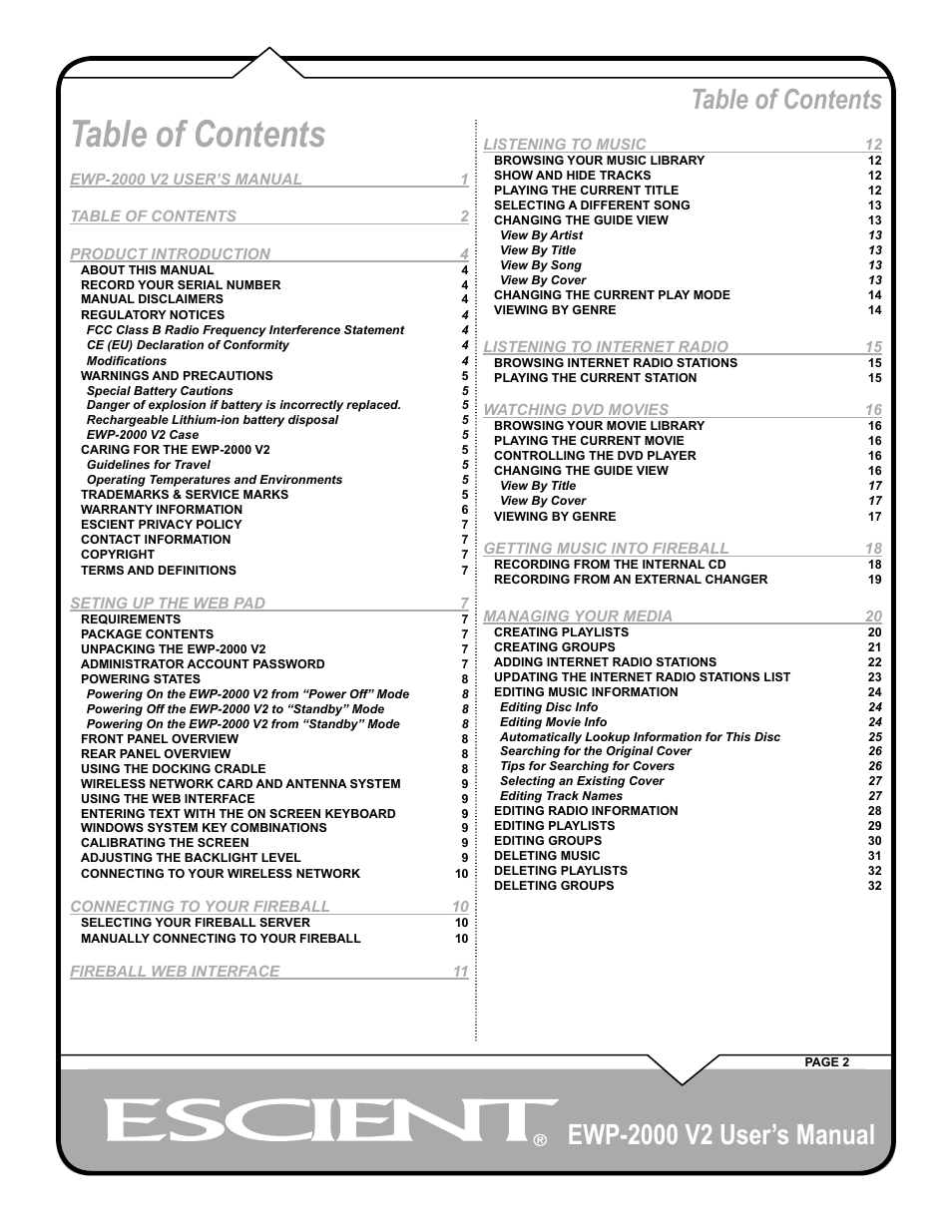 Escient EWP-2000 V2 User Manual | Page 2 / 44