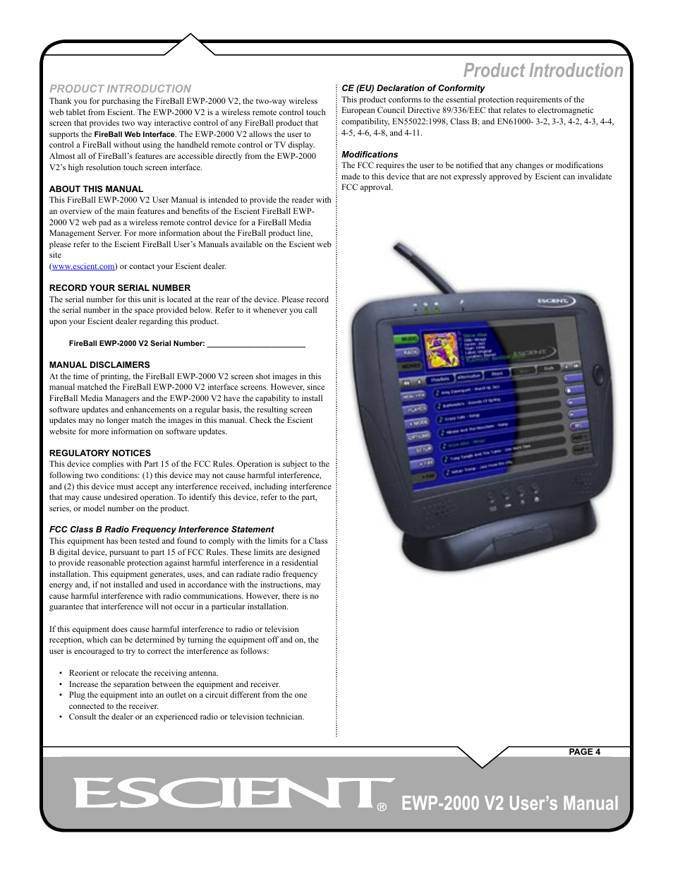 Product introduction | Escient EWP-2000 V2 User Manual | Page 4 / 44