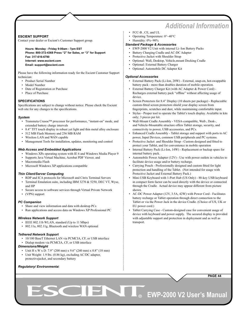 Additional information | Escient EWP-2000 V2 User Manual | Page 44 / 44