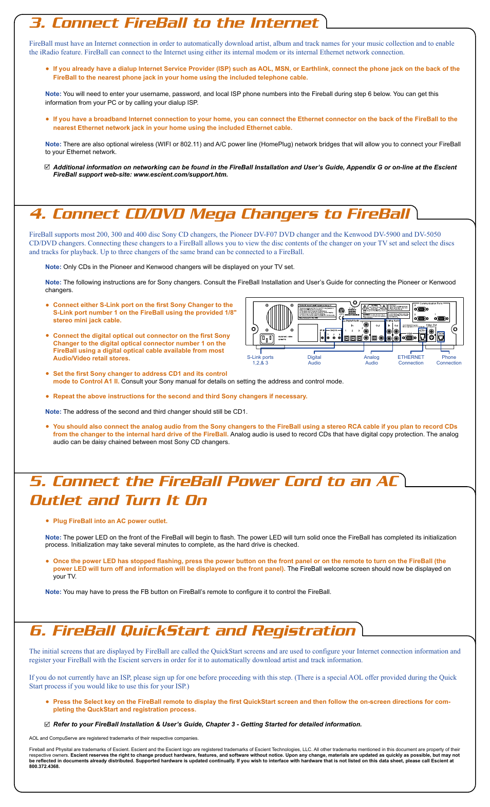 Connect fireball to the internet, Connect cd/dvd mega changers to fireball, Fireball quickstart and registration | Escient E-120 User Manual | Page 2 / 2