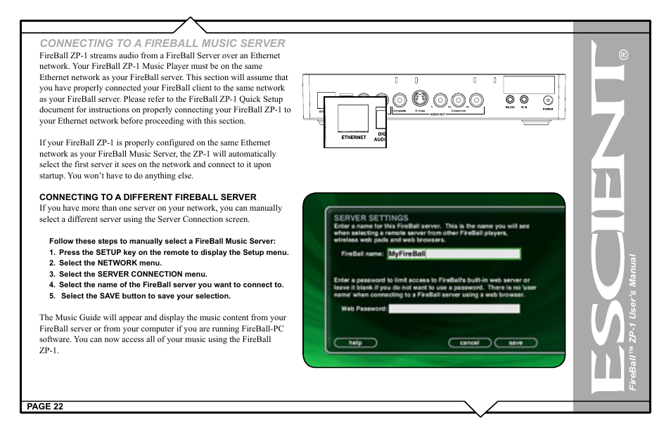 Connecting to a fireball music server | Escient ZP-'1 User Manual | Page 22 / 77