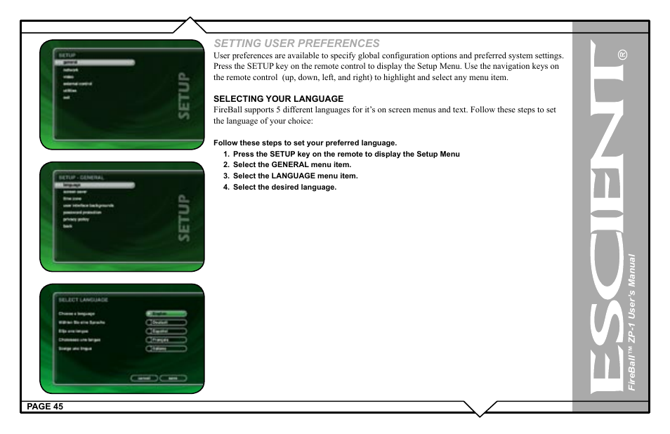 Setting user preferences | Escient ZP-'1 User Manual | Page 45 / 77