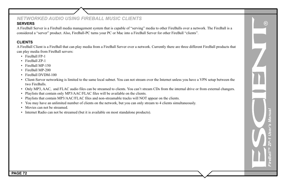 Networked audio using fireball music clients | Escient ZP-'1 User Manual | Page 72 / 77