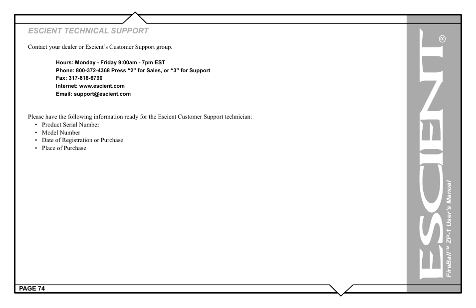Escient technical support | Escient ZP-'1 User Manual | Page 74 / 77