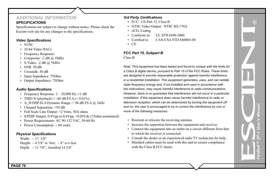 Additional information | Escient ZP-'1 User Manual | Page 76 / 77