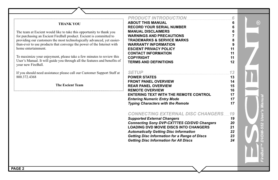 Product introduction, Setup, Connecting external disc changers | Escient DVDN-552 User Manual | Page 2 / 125