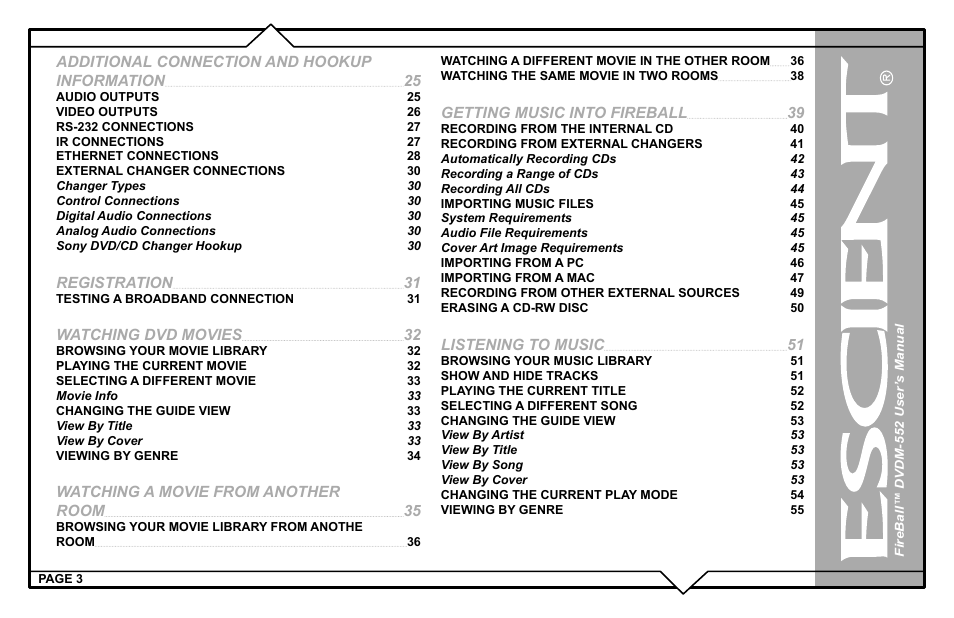 Additional connection and hookup information, Registration, Watching dvd movies | Watching a movie from another room, Getting music into fireball, Listening to music | Escient DVDN-552 User Manual | Page 3 / 125