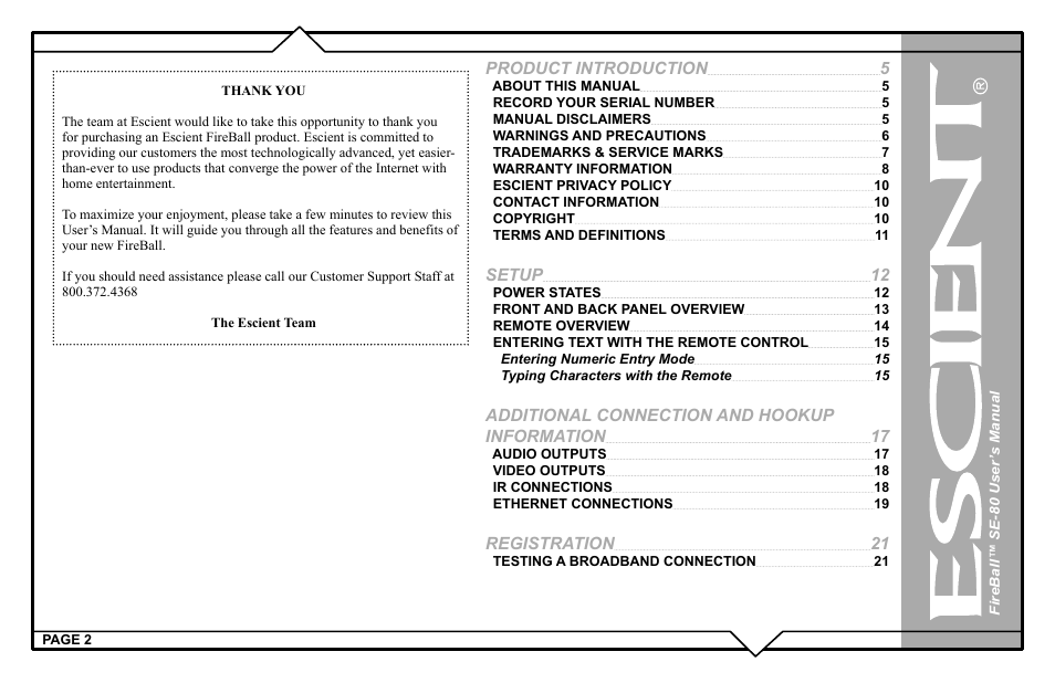 Product introduction, Setup, Additional connection and hookup information | Registration | Escient SE-80 User Manual | Page 2 / 92