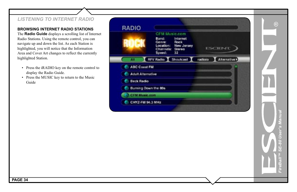 Listening to internet radio | Escient SE-80 User Manual | Page 34 / 92