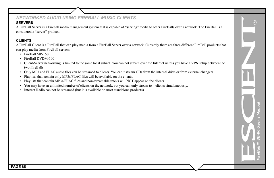 Networked audio using fireball music clients | Escient SE-80 User Manual | Page 85 / 92