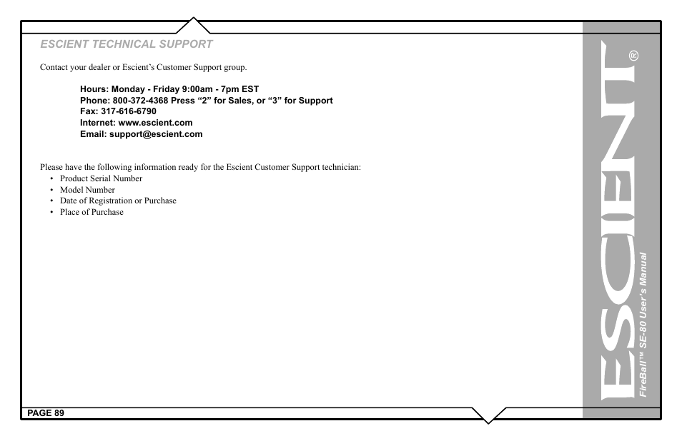 Escient technical support | Escient SE-80 User Manual | Page 89 / 92