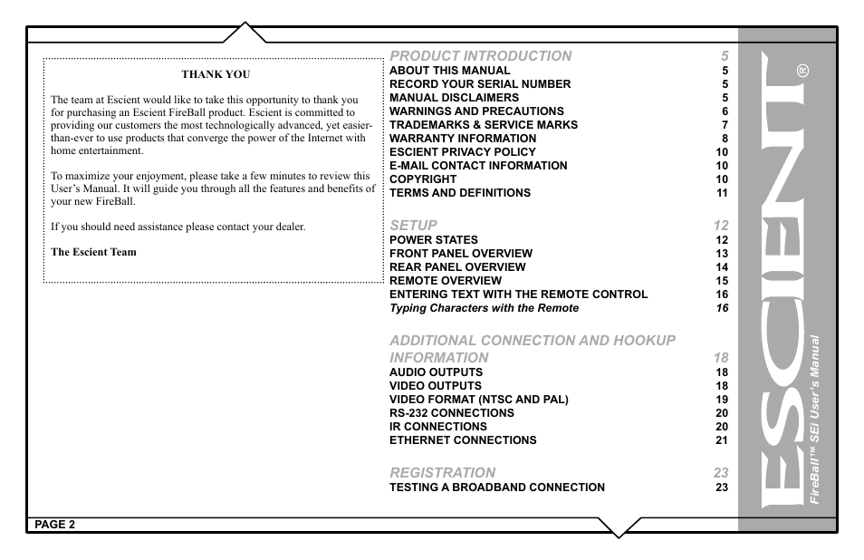 Product introduction 5, Setup 12, Additional connection and hookup information 18 | Registration 23 | Escient FireBall Media Management system User Manual | Page 2 / 98