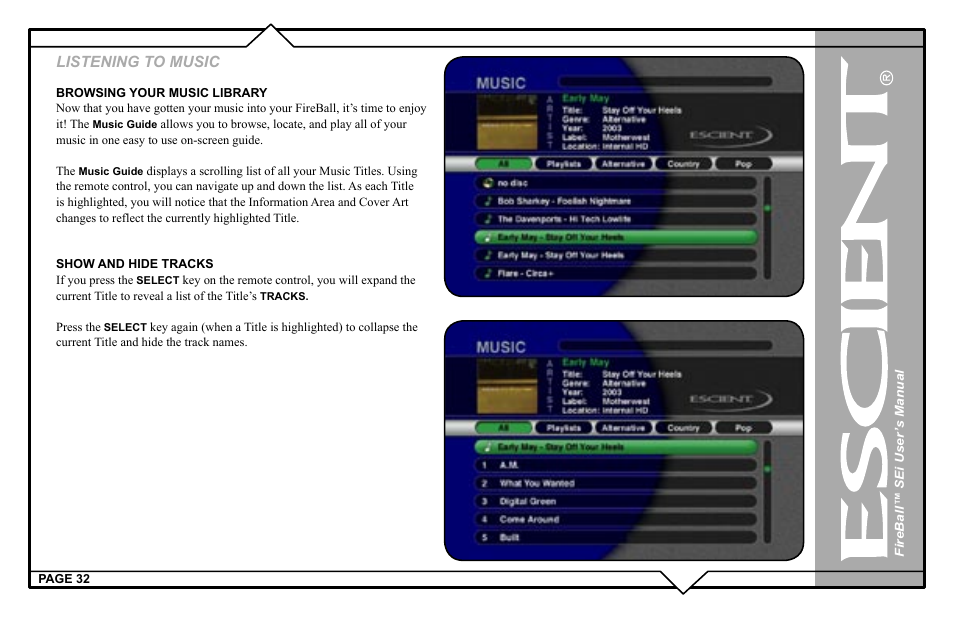 Listening to music | Escient FireBall Media Management system User Manual | Page 32 / 98