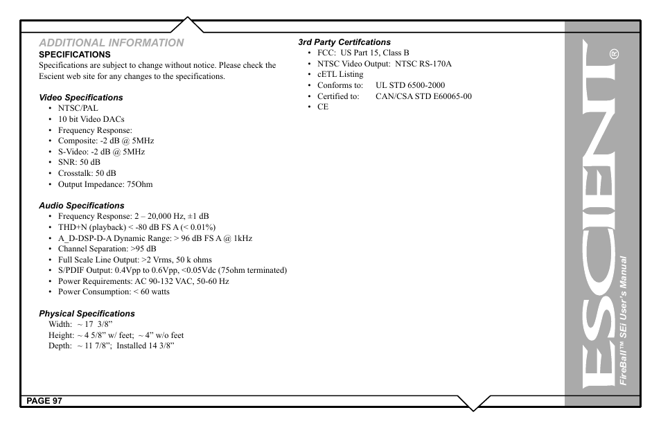 Additional information | Escient FireBall Media Management system User Manual | Page 97 / 98