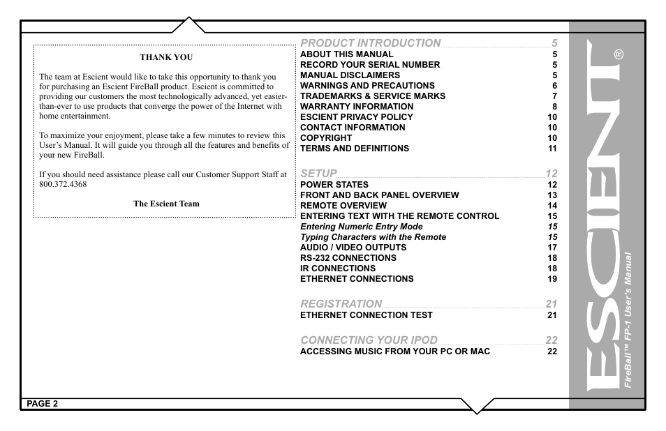 Product introduction, Setup, Registration | Connecting your ipod | Escient M51001-01A1 User Manual | Page 2 / 77