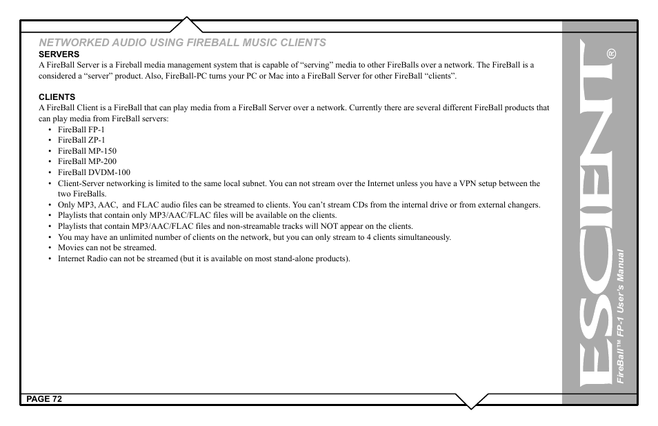 Networked audio using fireball music clients | Escient M51001-01A1 User Manual | Page 72 / 77