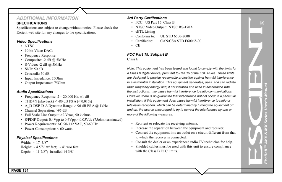 Additional information | Escient FireBall AVX User Manual | Page 131 / 132