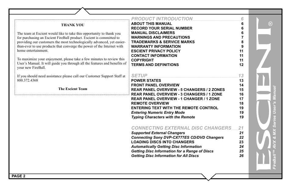 Product introduction, Setup, Connecting external disc changers | Escient FireBall AVX User Manual | Page 2 / 132