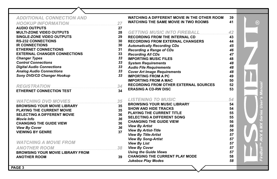 Additional connection and hookup information, Registration, Watching dvd movies | Watching a movie from another room, Getting music into fireball, Listening to music | Escient FireBall AVX User Manual | Page 3 / 132