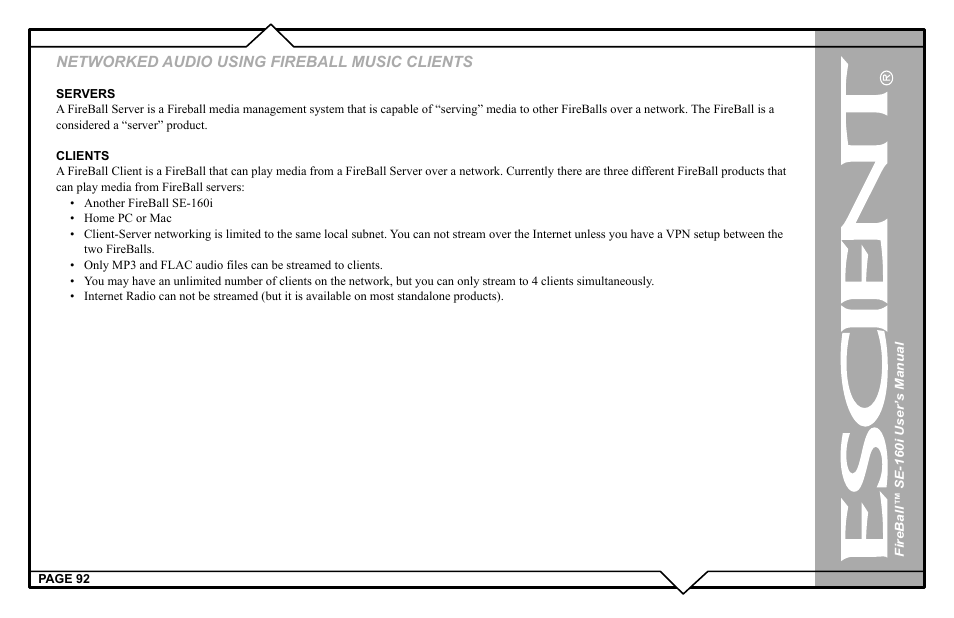 Networked audio using fireball music clients | Escient SE-160i User Manual | Page 92 / 98