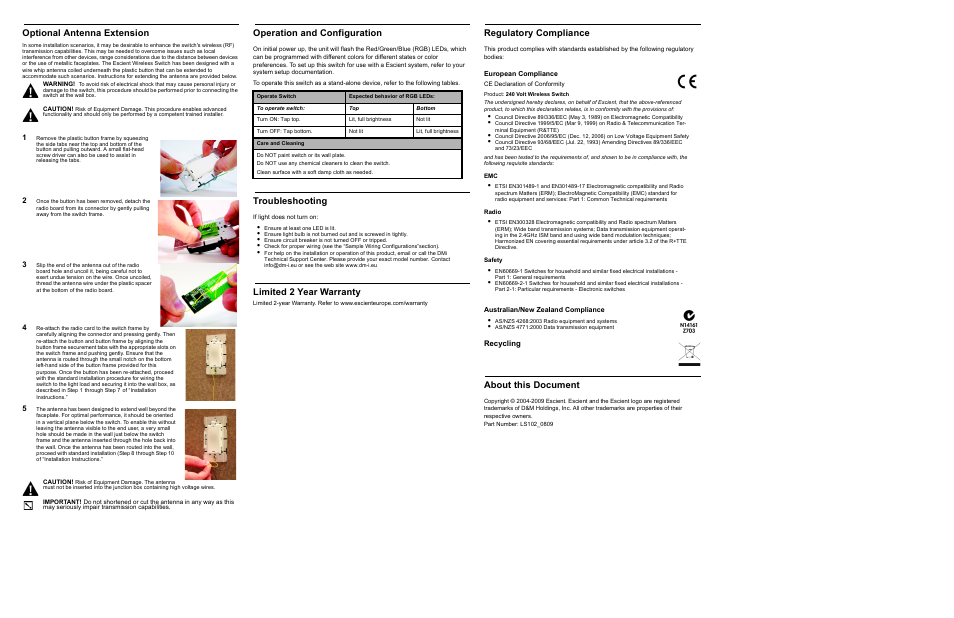 Optional antenna extension, Operation and configuration, Troubleshooting | Limited 2 year warranty, Regulatory compliance, About this document | Escient ZONE LS102 User Manual | Page 2 / 2
