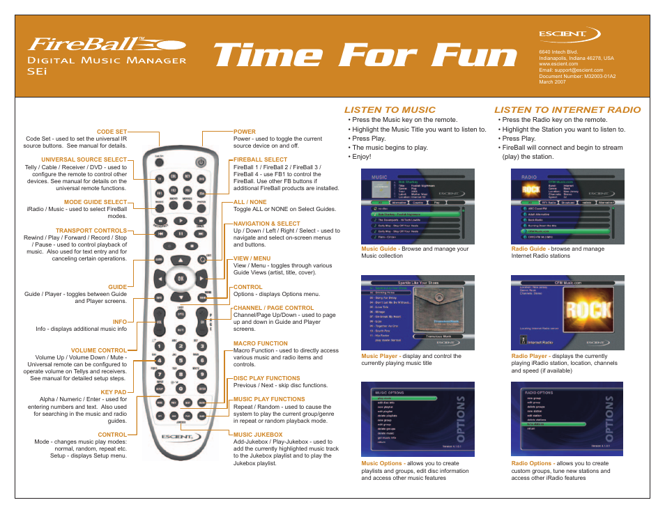 Time for fun, Remote overview, Listen to music | Listen to internet radio | Escient FireBall Digital Music Manager User Manual | Page 2 / 2