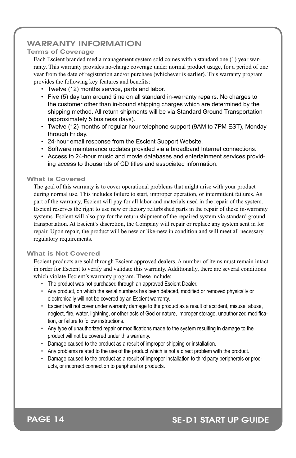 Se-d1 start up guide warranty information, Page 14 | Escient M32002-01A2 User Manual | Page 16 / 18