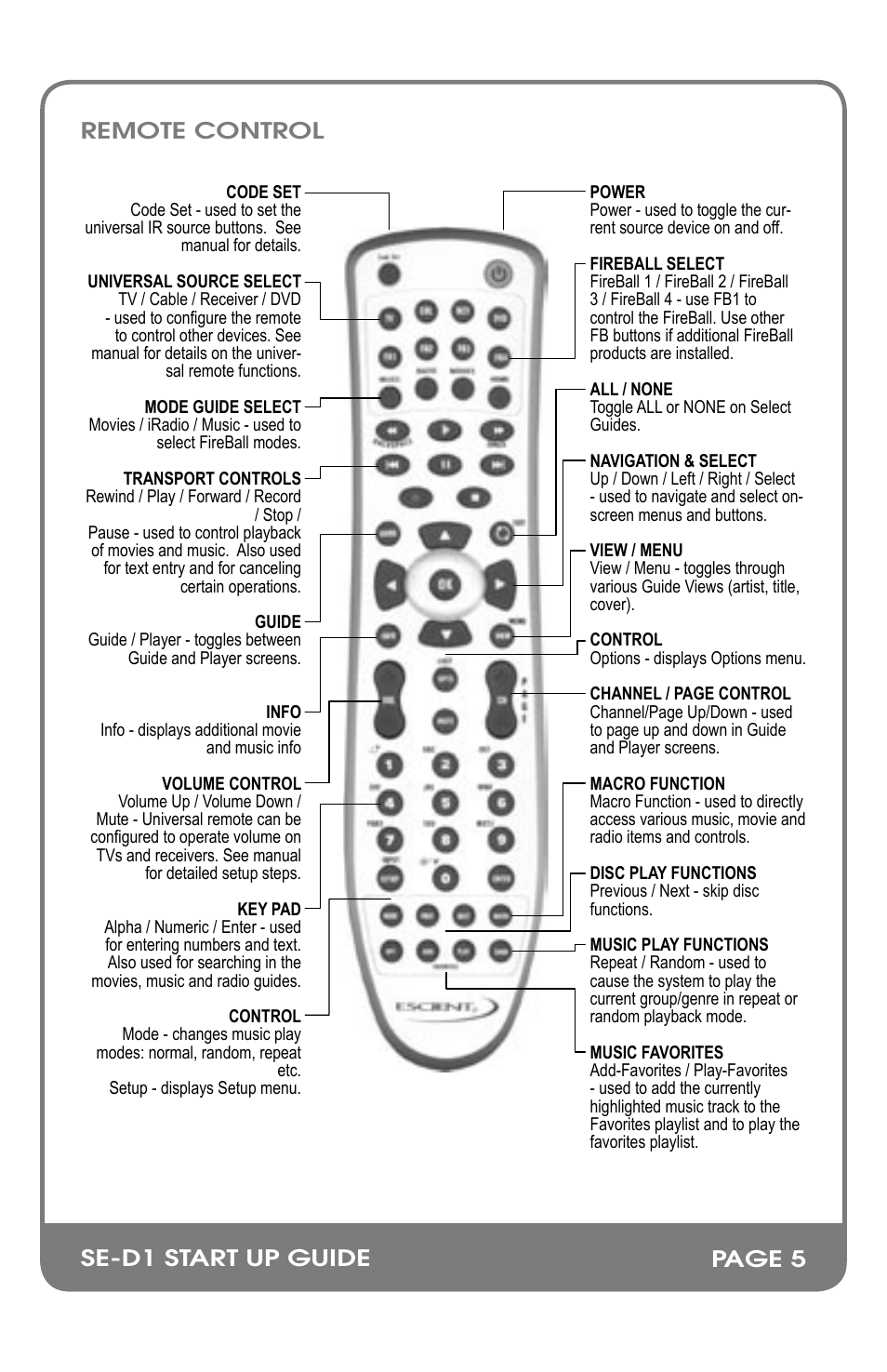 Se-d1 start up guide, Remote control page 5 | Escient M32002-01A2 User Manual | Page 7 / 18