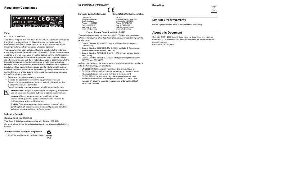 Regulatory compliance, Limited 2 year warranty, About this document | Escient RC200 User Manual | Page 2 / 2