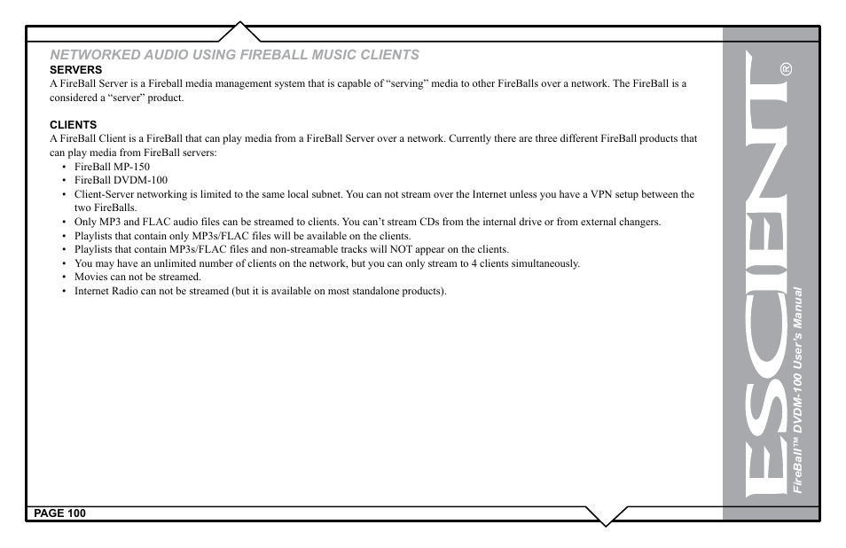 Networked audio using fireball music clients | Escient DVDM-100 User Manual | Page 100 / 107