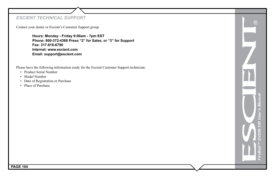 Escient technical support | Escient DVDM-100 User Manual | Page 104 / 107