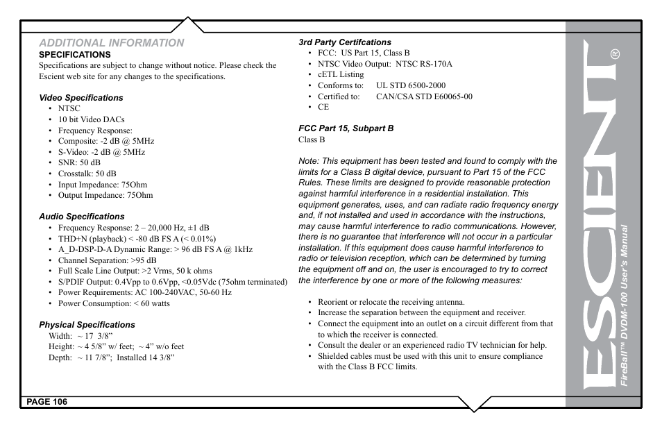 Additional information | Escient DVDM-100 User Manual | Page 106 / 107