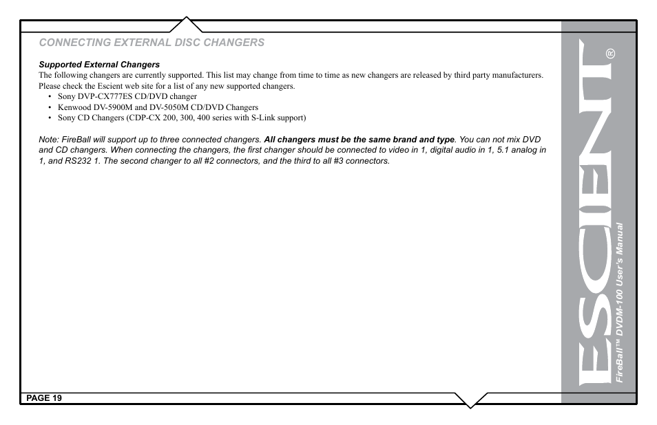 Connecting external disc changers | Escient DVDM-100 User Manual | Page 19 / 107