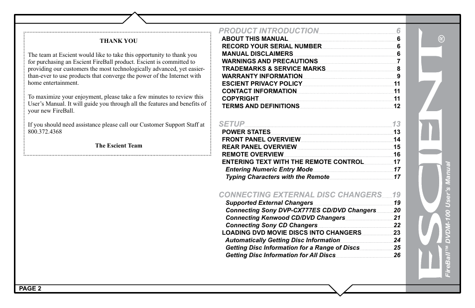 Product introduction, Setup, Connecting external disc changers | Escient DVDM-100 User Manual | Page 2 / 107