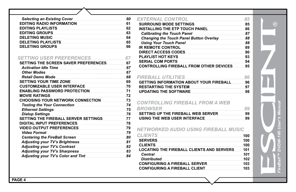 Setting user preferences, External control, Fireball utilities | Controlling fireball from a web browser, Networked audio using fireball music clients | Escient DVDM-100 User Manual | Page 4 / 107