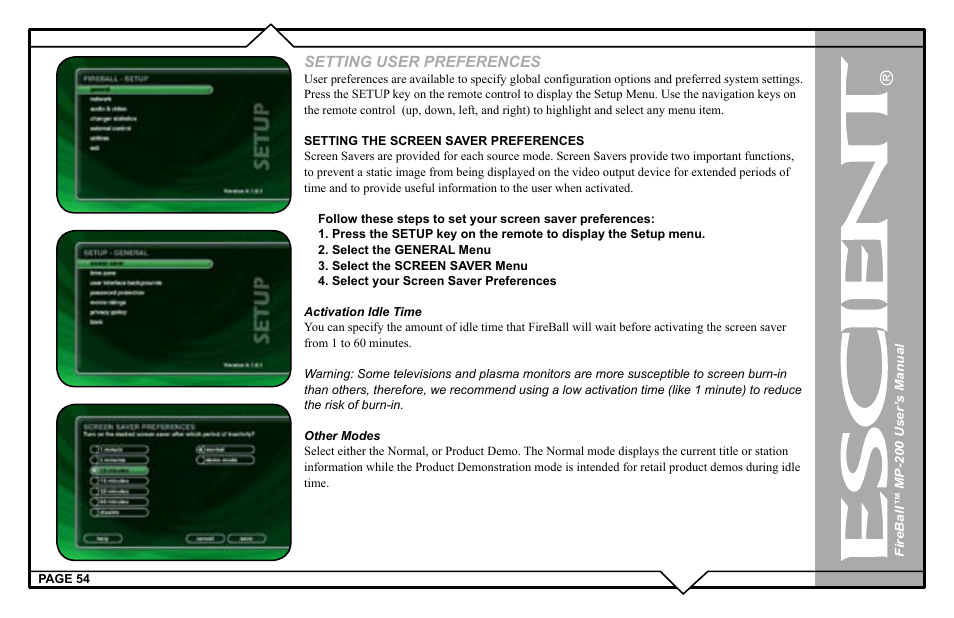 Setting user preferences | Escient MP-200 User Manual | Page 54 / 93