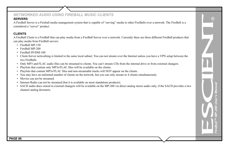 Networked audio using fireball music clients | Escient MP-200 User Manual | Page 86 / 93