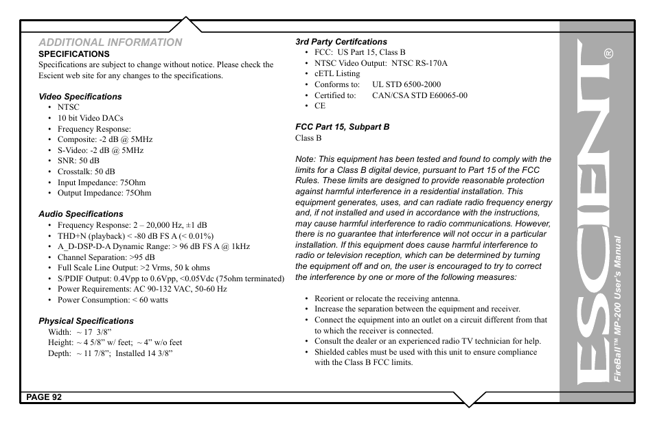 Additional information | Escient MP-200 User Manual | Page 92 / 93