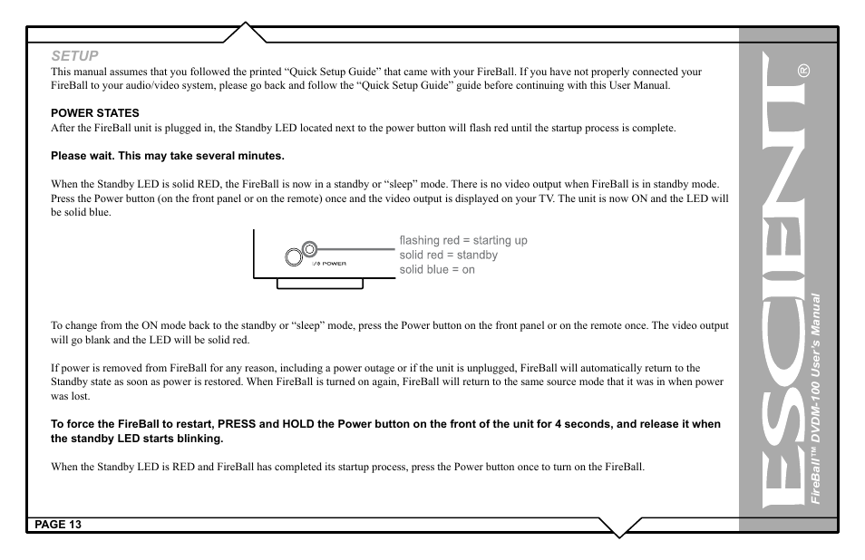 Setup | Escient FIREBALL DVDM-100 User Manual | Page 13 / 107
