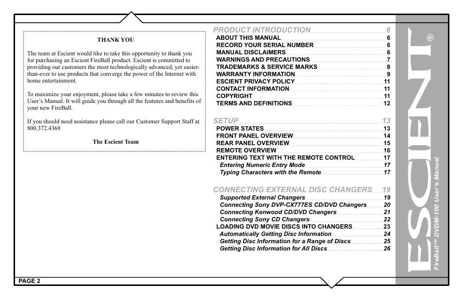 Product introduction, Setup, Connecting external disc changers | Escient FIREBALL DVDM-100 User Manual | Page 2 / 107