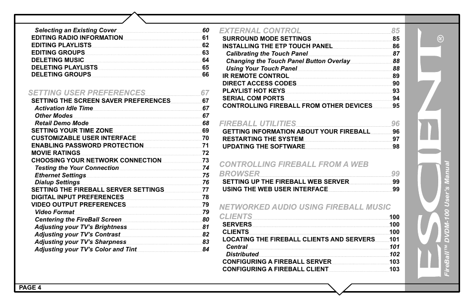 Setting user preferences, External control, Fireball utilities | Controlling fireball from a web browser, Networked audio using fireball music clients | Escient FIREBALL DVDM-100 User Manual | Page 4 / 107