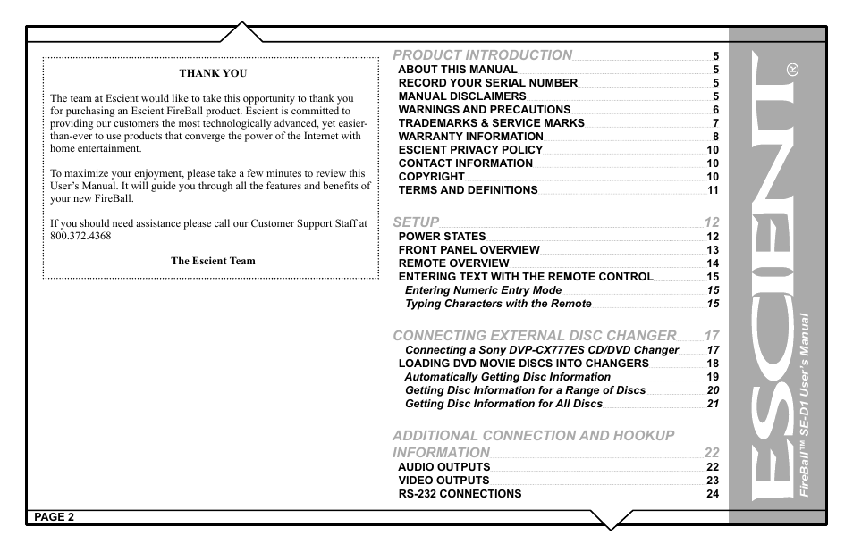 Product introduction, Setup, Connecting external disc changer | Additional connection and hookup information | Escient SE-D1 User Manual | Page 2 / 90