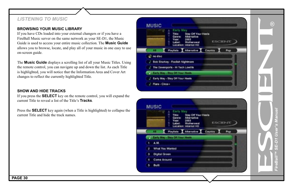 Listening to music | Escient SE-D1 User Manual | Page 30 / 90