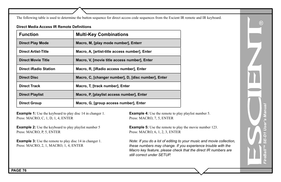 Function multi-key combinations | Escient SE-D1 User Manual | Page 76 / 90