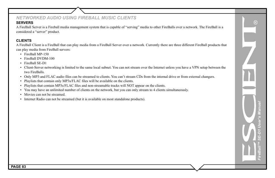 Networked audio using fireball music clients | Escient SE-D1 User Manual | Page 83 / 90