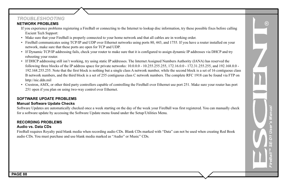 Troubleshooting | Escient SE-D1 User Manual | Page 88 / 90