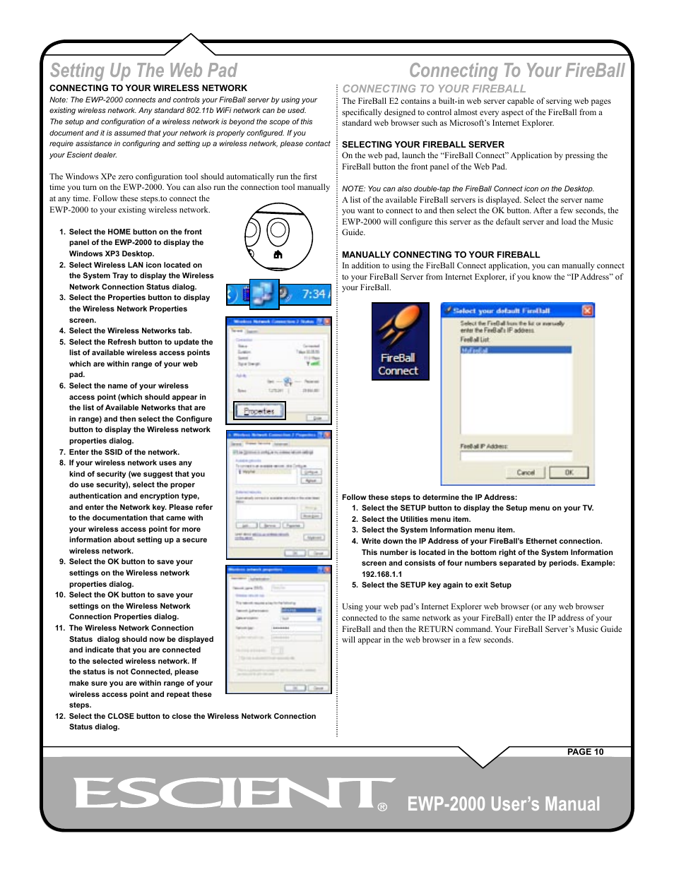 Ewp-2000 user’s manual, Connecting to your fireball setting up the web pad | Escient EWP-2000 User Manual | Page 10 / 44