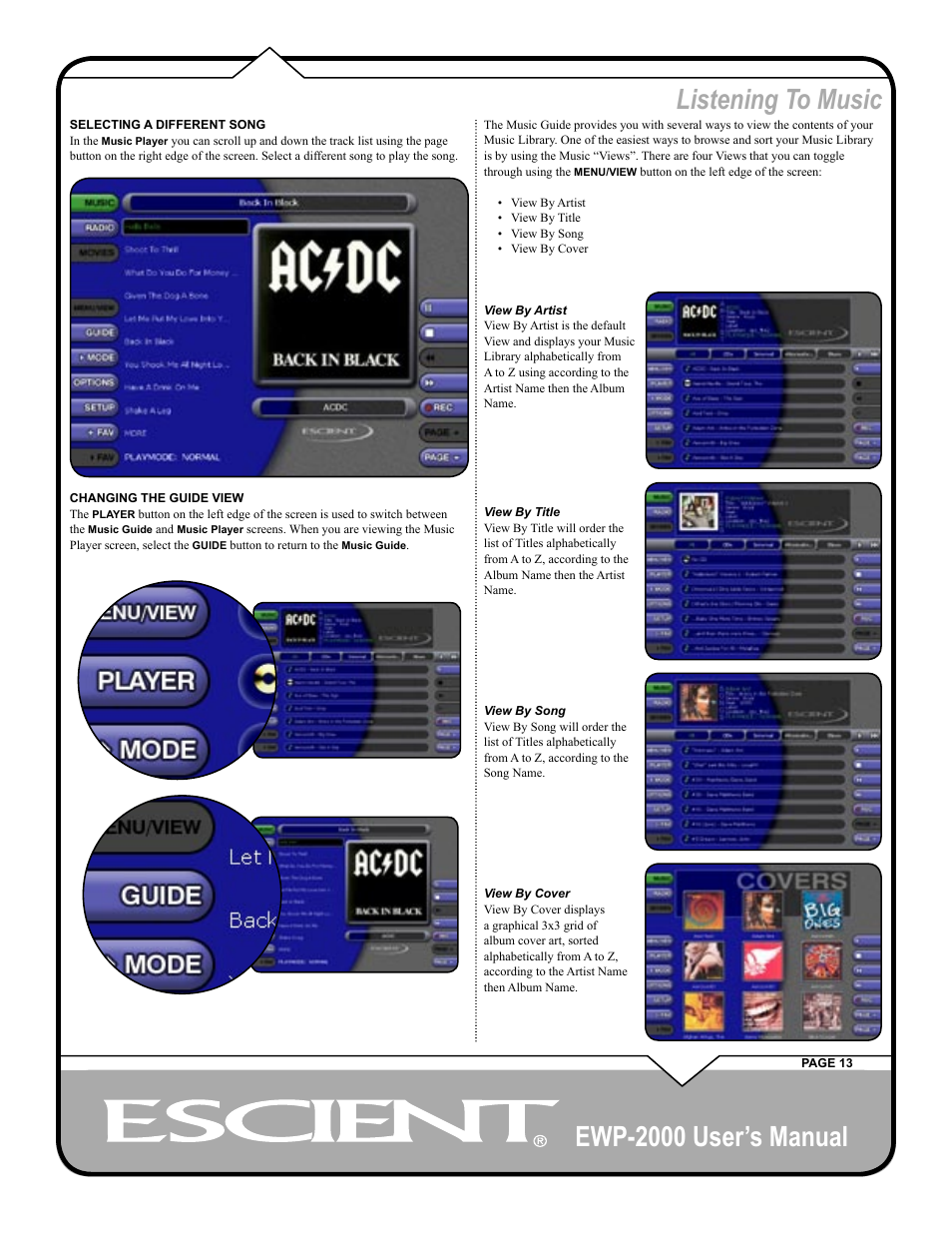 Ewp-2000 user’s manual, Listening to music | Escient EWP-2000 User Manual | Page 13 / 44